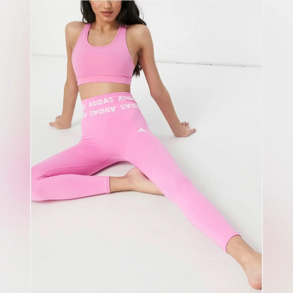 adidas Training aeroknit logo 7/8 leggings and bra in bright pink - Picture 4 of 9